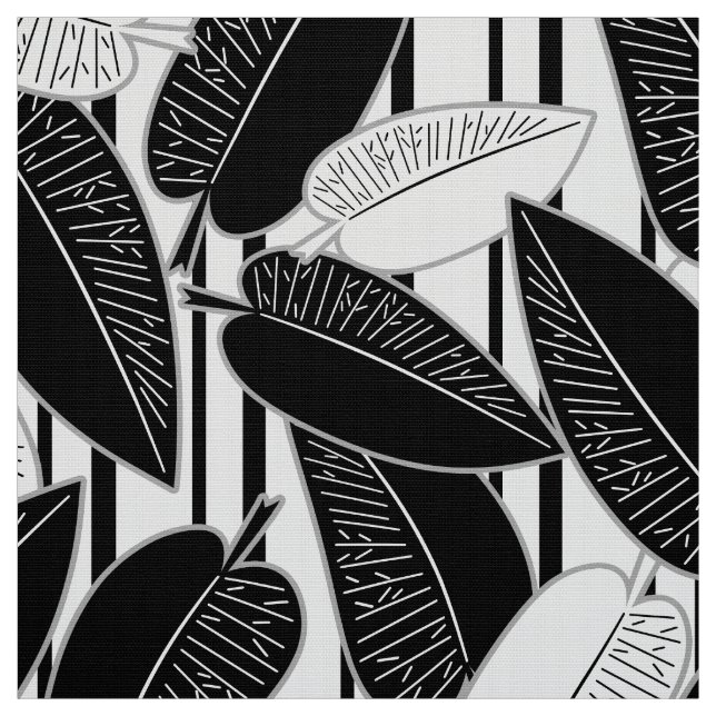 Modern black ficus leaves abstract striped print p fabric (Swatch)