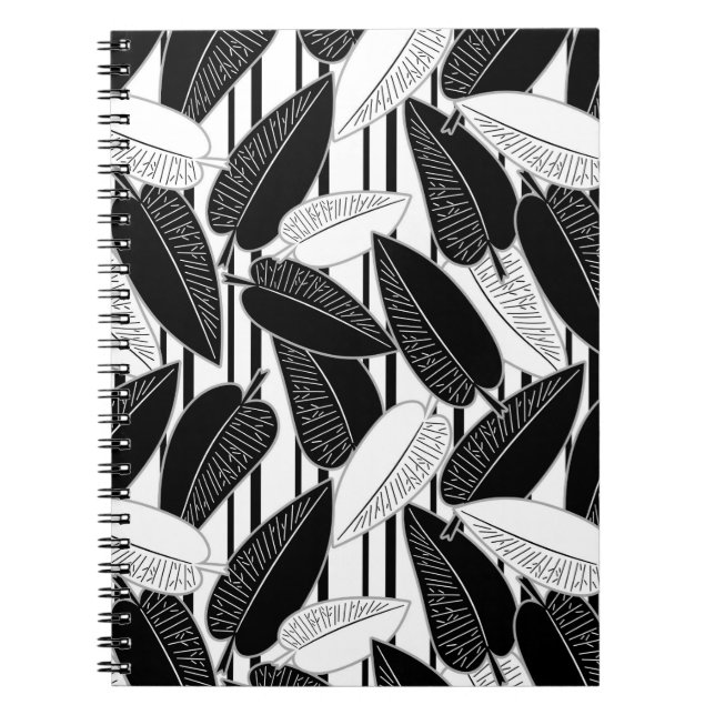 Modern black ficus leaves abstract striped print p notebook (Front)