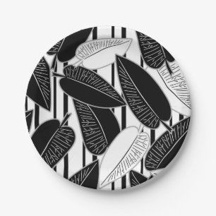 Modern black ficus leaves abstract striped print p paper plates