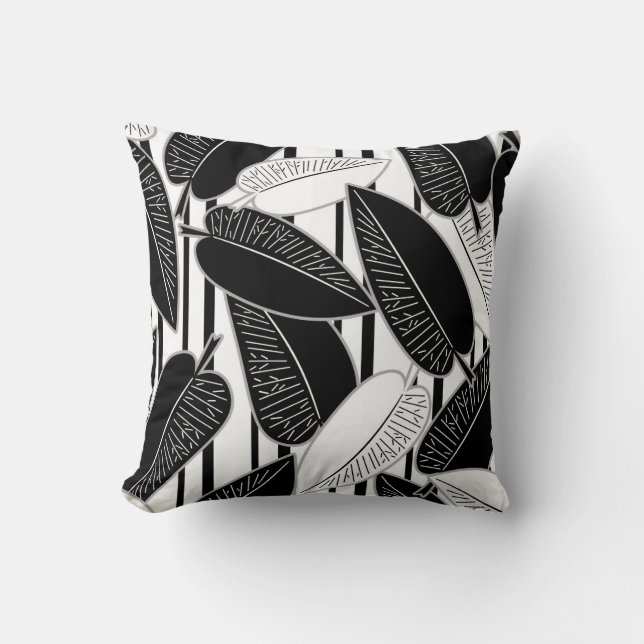 Modern black ficus leaves abstract striped print p throw pillow (Front)