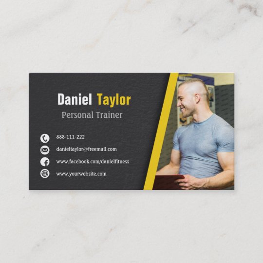 Modern Black Fitness Personal Trainer With Photo Business Card 4951