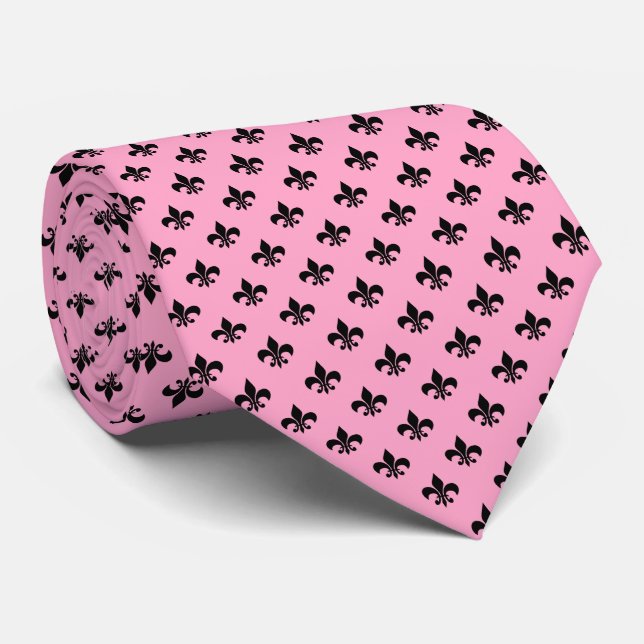 Modern Black Fleur-de-lis on Carnation Pink Tie (Rolled)