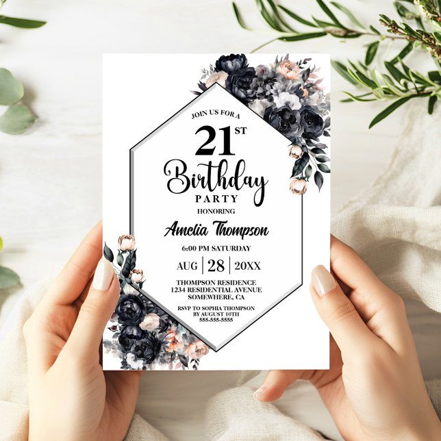 Modern Black Floral 21st Birthday Party Invitation (Creator Uploaded)