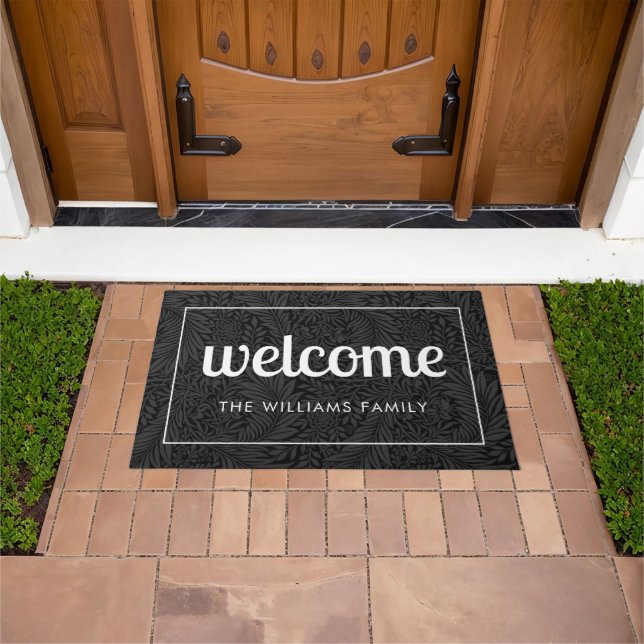 Modern Black Floral and White Personalized Welcome Doormat (Outdoor)