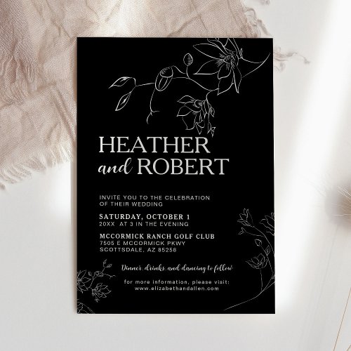 Modern Black Floral Botanical Boho Simple Wedding Invitation