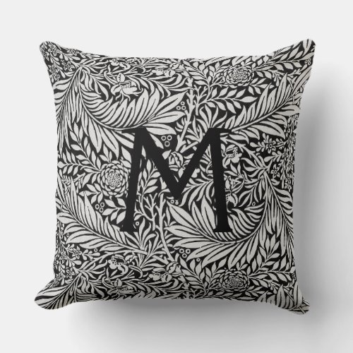 Modern Black Floral Botanical Monogram Throw Pillow