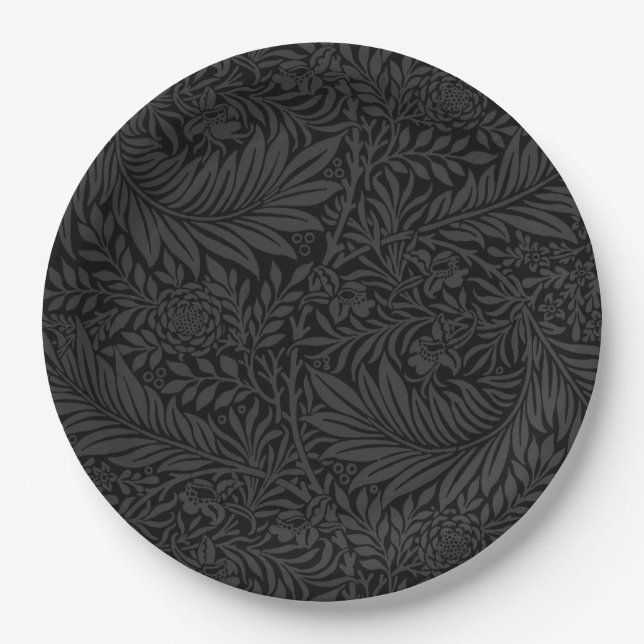 Modern Black Floral Botanical Paper Plates (Front)