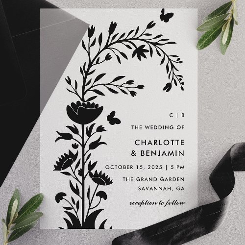 Modern Black Floral Butterfly Wedding Vellum Invitations