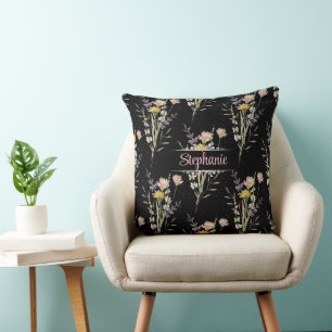Modern Black Floral Country Wildflowers Throw Pillow
