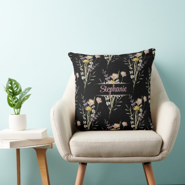 Modern Black Floral Country Wildflowers  Throw Pillow (Chair)