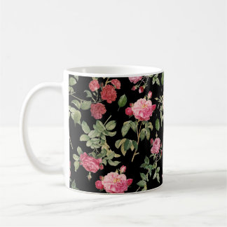 Modern Black Floral Cream Pink Rose Pattern Coffee Mug