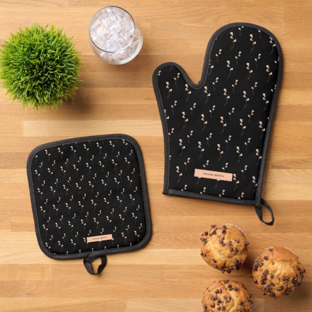 Modern Black Floral Elegance Stylish Trendy Oven Mitt & Pot Holder Set (Top Down)