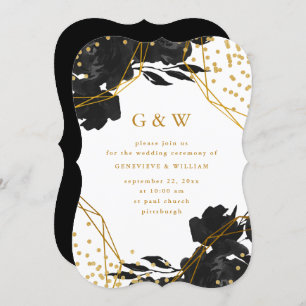 Modern Black Floral Faux Gold Geometric Wedding Invitation
