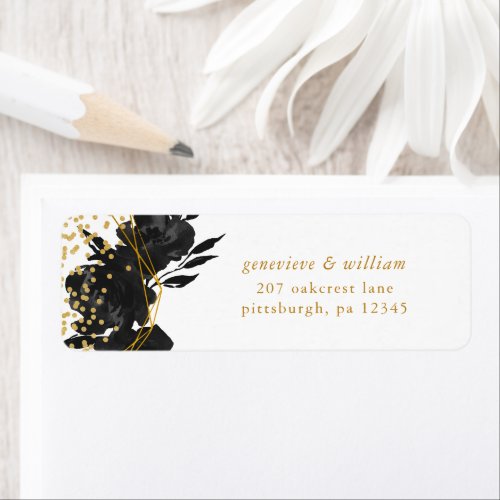 Modern Black Floral Faux Gold Geometric Wedding Label