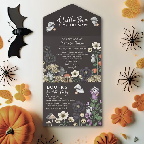 Modern Black Floral Ghosts Halloween Baby Shower All In One Invitation