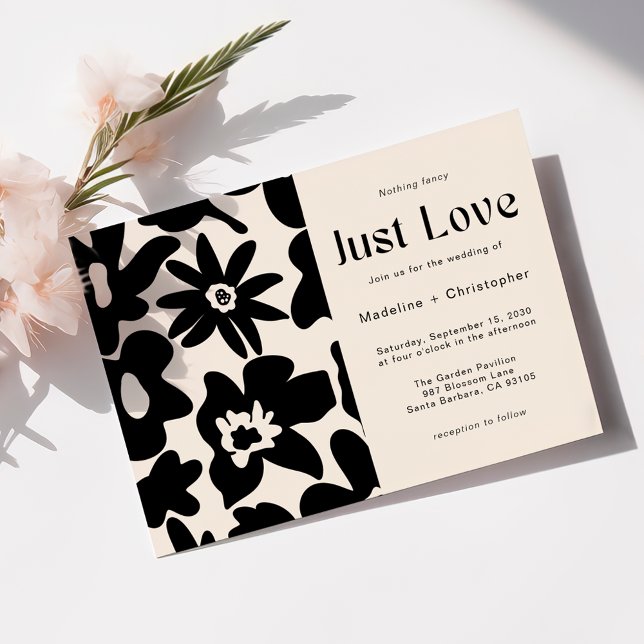 Modern Black Floral Just Love QR Code Wedding Invitation (Creator Uploaded)