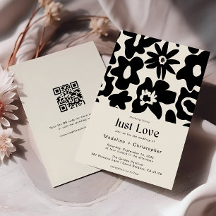 Modern Black Floral Just Love Wedding QR Code Invitation