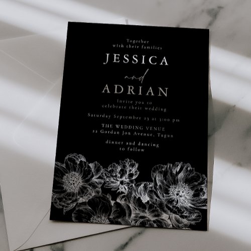 Modern Black Floral line Art Wedding Invitation