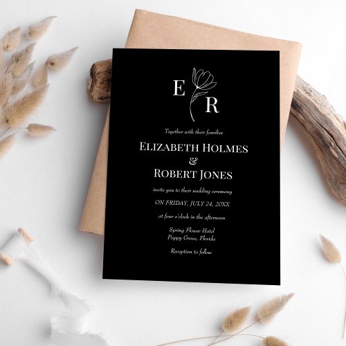 Modern Black Floral Monogram Wedding  Invitation