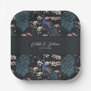 Modern Black Floral Peacock Wedding Paper Plates