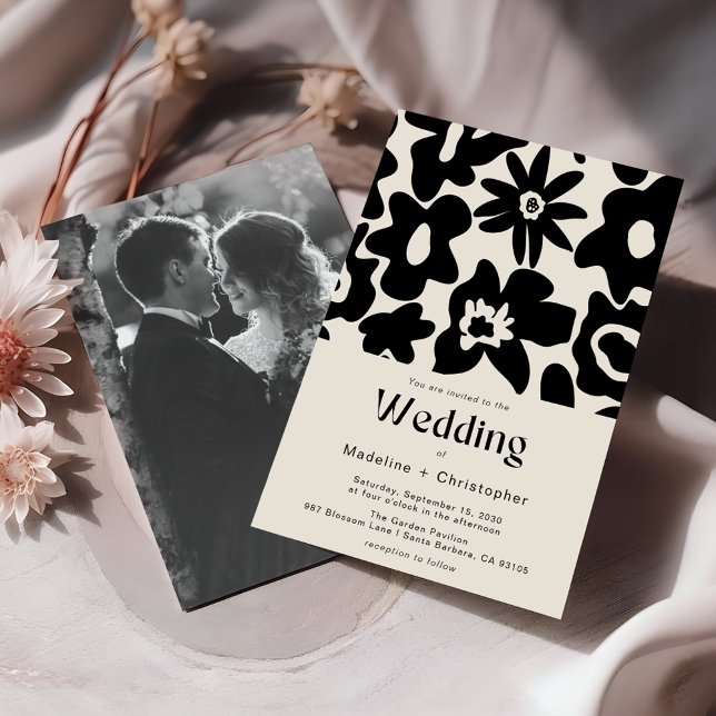 Modern Black Floral Photo Wedding Invitation (Creator Uploaded)