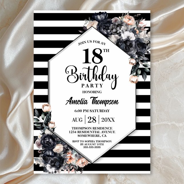 Modern Black Floral Striped 18th Birthday Party Invitation (Creator Uploaded)