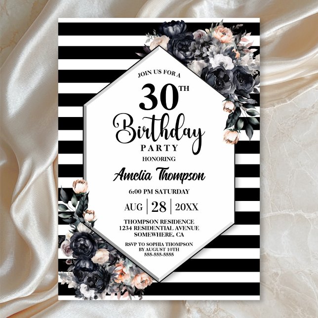 Modern Black Floral Striped 30th Birthday Party Invitation (Creator Uploaded)