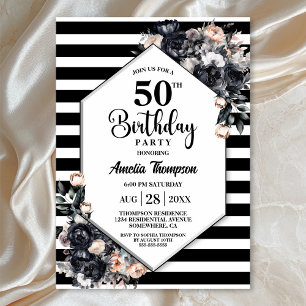 Modern Black Floral Striped 50th Birthday Party Invitation