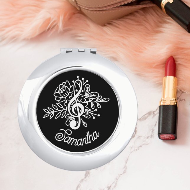 Modern Black Floral Treble Clef Music Compact Mirror (Creator Uploaded)