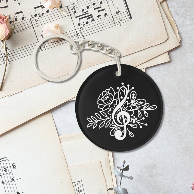 Modern Black Floral Treble Clef Music Keychain (Creator Uploaded)