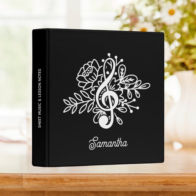 Modern Black Floral Treble Clef Music Lessons 3 Ring Binder (Creator Uploaded)
