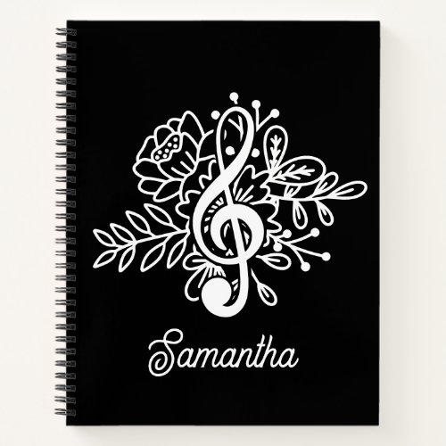 Modern Black Floral Treble Clef Musician Notebook