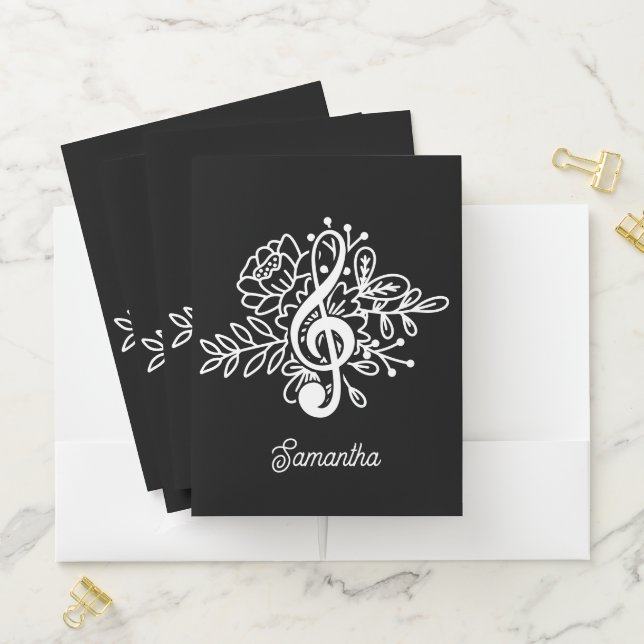 Modern Black Floral Treble Clef Musician Pocket Folder (In Situ)