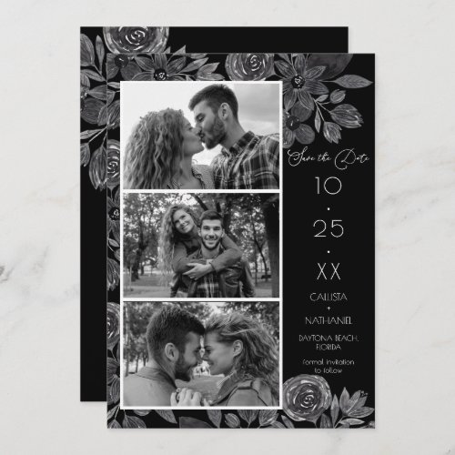 Modern Black Floral Watercolor Photo Wedding  Save The Date