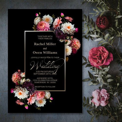 Modern Black Floral Wedding Invitation
