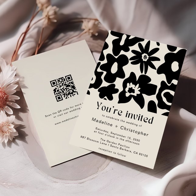 Modern Black Floral Wedding QR Code Invitation (Creator Uploaded)