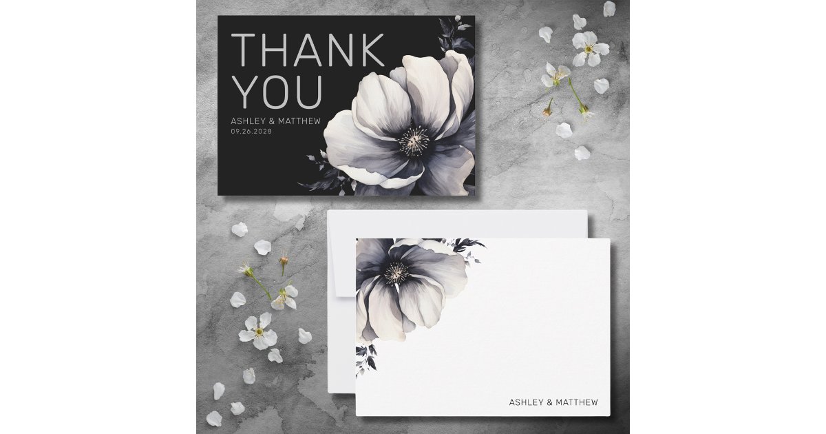 Modern Black Floral Wedding Thank You Card | Zazzle