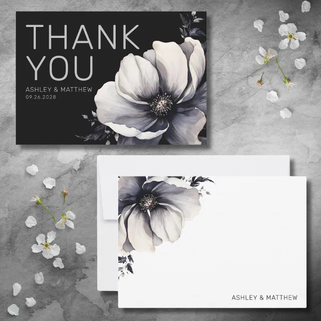 Modern Black Floral Wedding Thank You Card | Zazzle