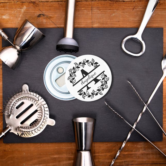 Modern Black Floral Wreath Split Monogram "A" Bottle Opener (Creator Uploaded)