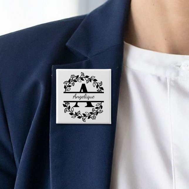 Modern Black Floral Wreath Split Monogram "A" Button (Creator Uploaded)