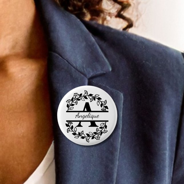 Modern Black Floral Wreath Split Monogram A Round Button (Creator Uploaded)