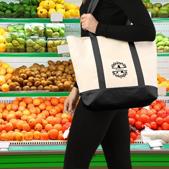 Modern Black Floral Wreath Split Monogram "A" Tote Bag (Creator Uploaded)