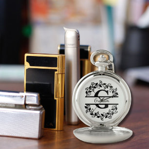 Modern Black Floral Wreath Split Monogram "G" Pocket Watch