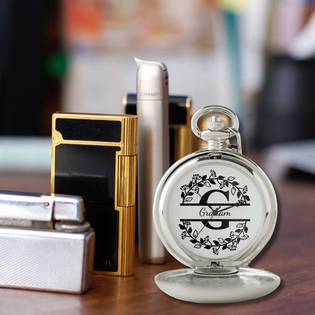 Modern Black Floral Wreath Split Monogram "G" Pocket Watch (Creator Uploaded)