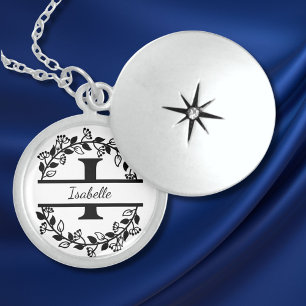 Modern Black Floral Wreath Split Monogram "I" Locket Necklace