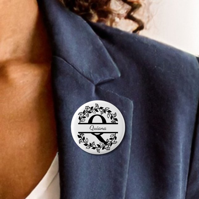 Modern Black Floral Wreath Split Monogram "Q Round Button (Creator Uploaded)