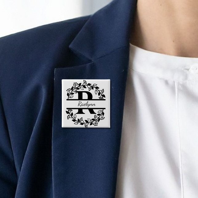 Modern Black Floral Wreath Split Monogram "R" Button (Creator Uploaded)