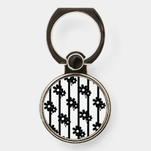 Modern Black Flowers With Black And White Stripes Phone Ring Stand