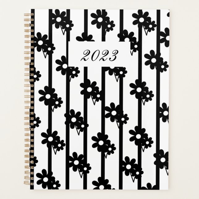 Modern Black Flowers With Black And White Stripes Planner (Front)