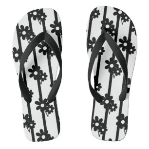 Modern Black Flowers With Black Vertical Stripes Flip Flops